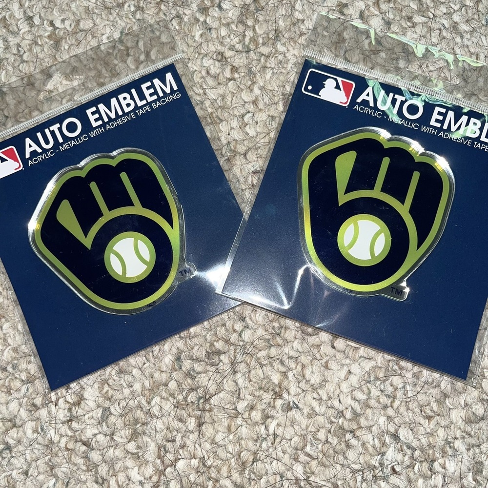 New Lot of 2 Auto Emblems Milwaukee Brewers MLB Metallic Adhesive Back